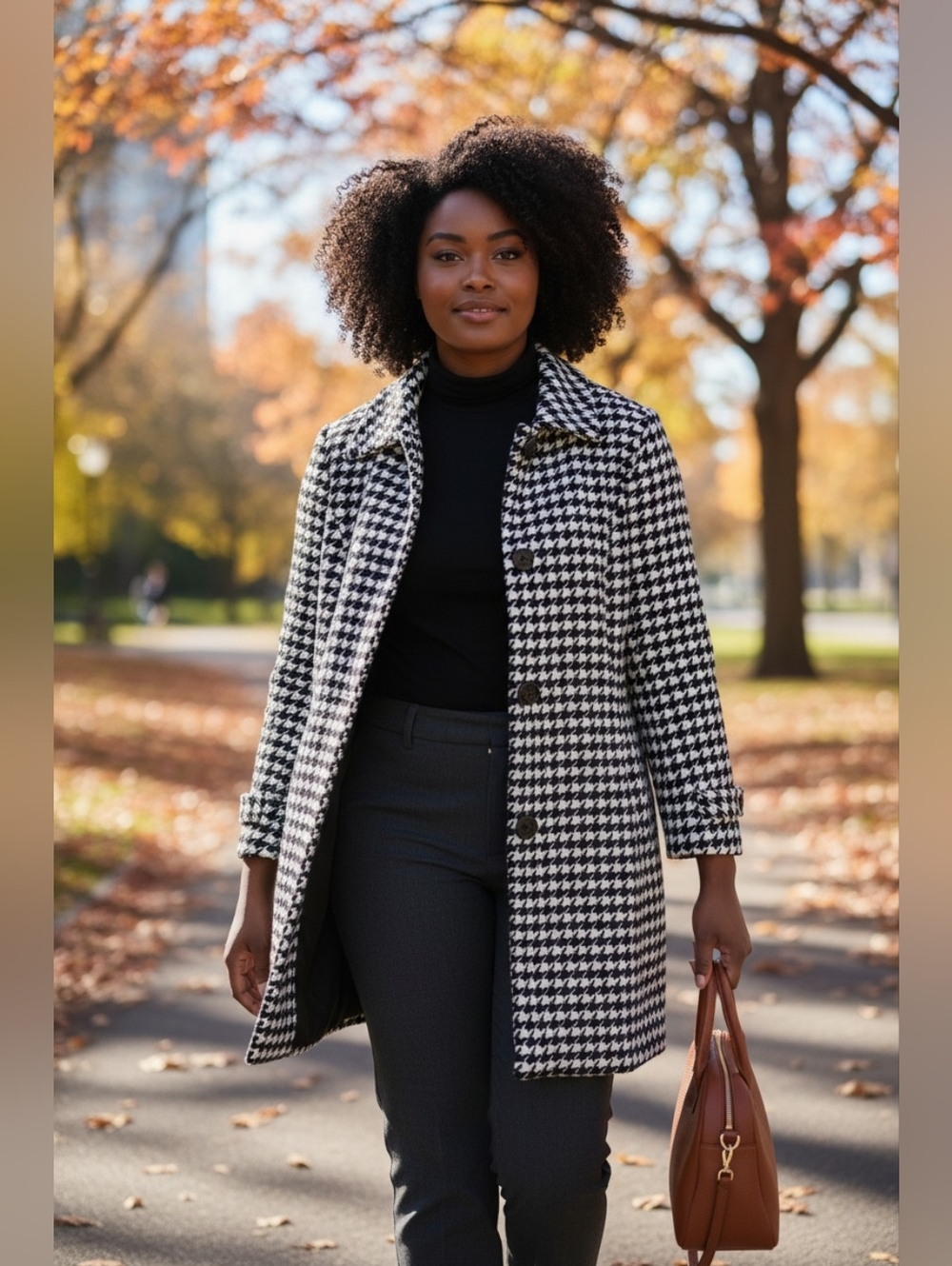 Vintage Houndstooth Womens Pea Coat Winter Black White Car Coat Church Office